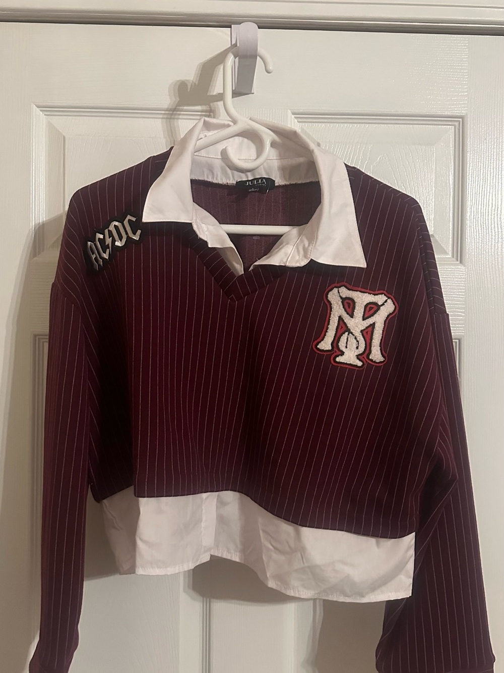 Julia brand AC/DC' Maroon Pinstripe Cropped Shirt with White Collar